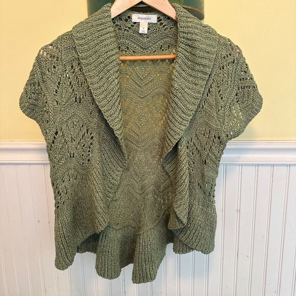 Dressbarn Crochet Knit Green Short-Sleeve Open-Front Cardigan Sweater shrug M - Picture 1 of 7